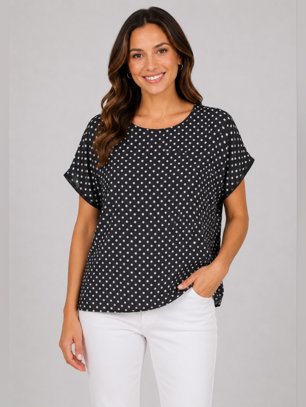 CHAUS NY Black Polka Dot Short Sleeve Women's Top
